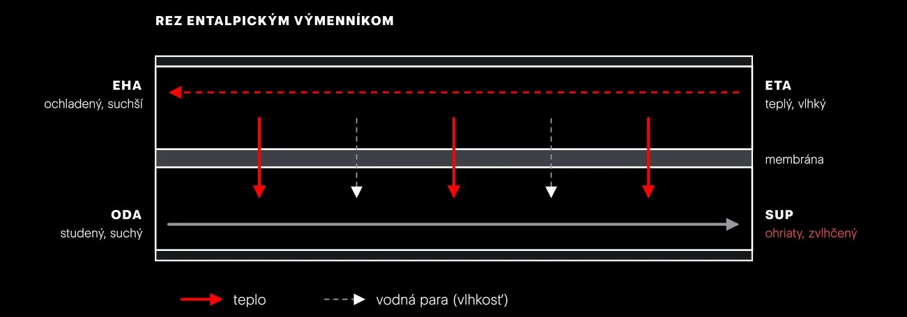 Entalpický výmenník v reze. Cez membránu prechádza z odvodného do privádzaného vzduchu teplo aj vodná para. V zime tak v dome zostáva časť vlhkosti.